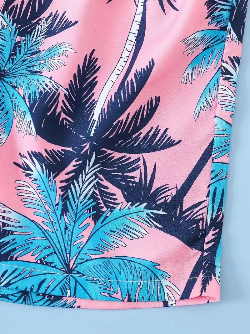 2pcs Boys T - Shirts Pocket Patchwork Short Sleeve Tees Top & Elastic Waist Coconut Tree Print Beach Shorts Set Kids Summer - Lucien Store
