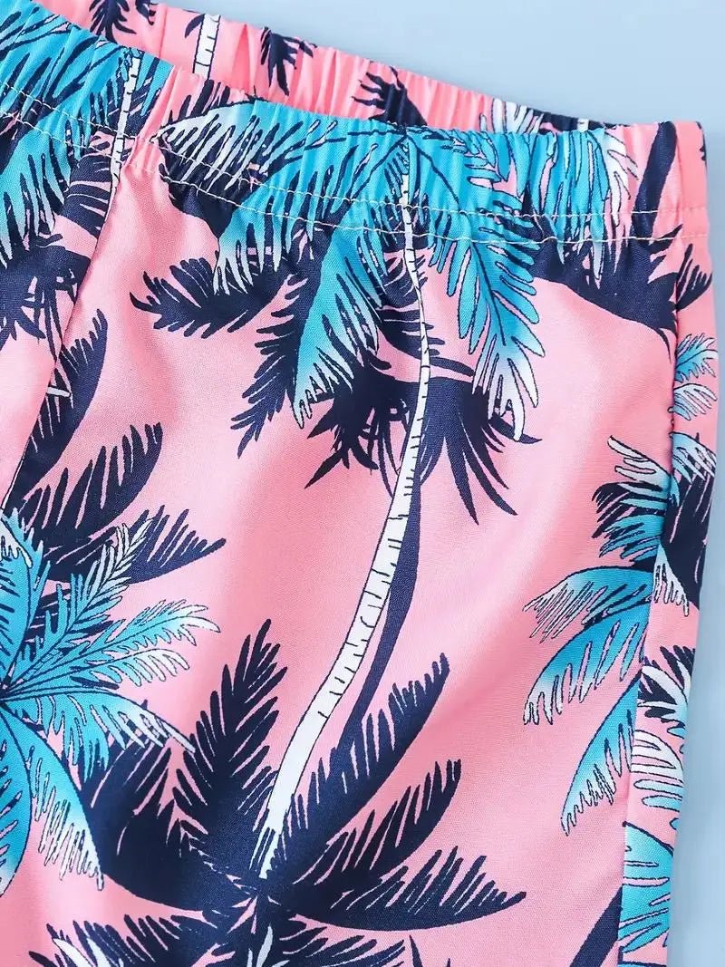 2pcs Boys T - Shirts Pocket Patchwork Short Sleeve Tees Top & Elastic Waist Coconut Tree Print Beach Shorts Set Kids Summer - Lucien Store