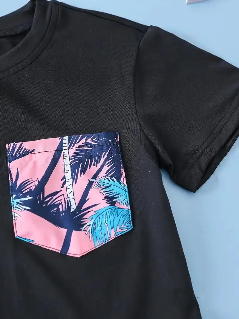 2pcs Boys T - Shirts Pocket Patchwork Short Sleeve Tees Top & Elastic Waist Coconut Tree Print Beach Shorts Set Kids Summer - Lucien Store