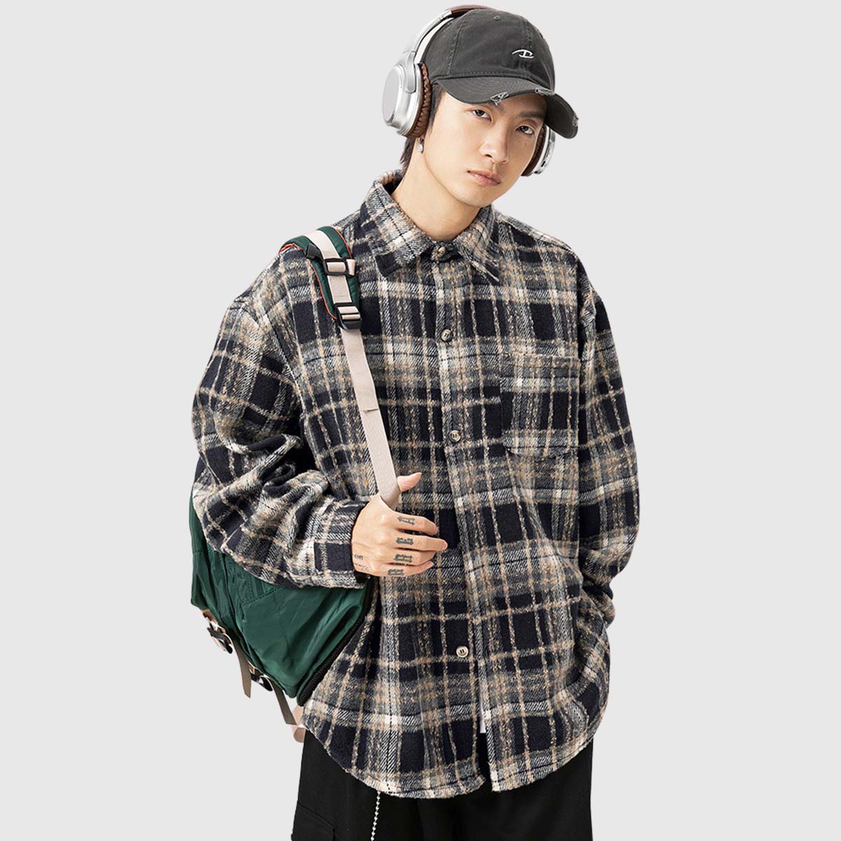 חולצת flannel משובצת בהשראת וינטאג' עם פרטי כפתורים