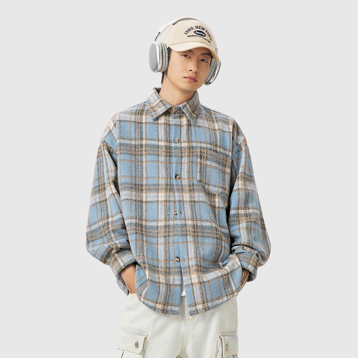 חולצת flannel משובצת בהשראת וינטאג' עם פרטי כפתורים