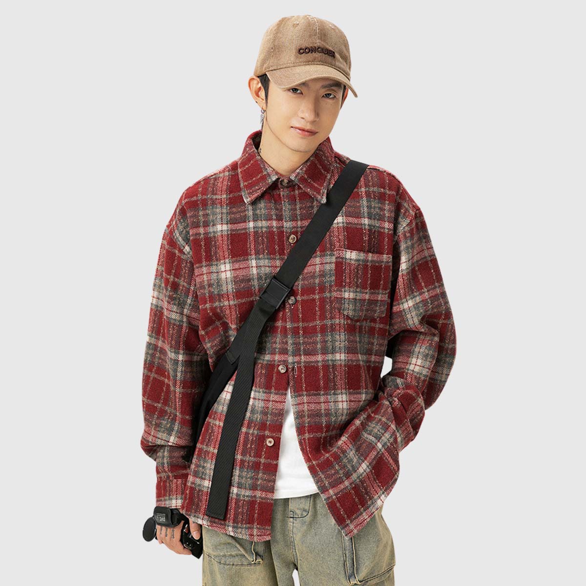 חולצת flannel משובצת בהשראת וינטאג' עם פרטי כפתורים