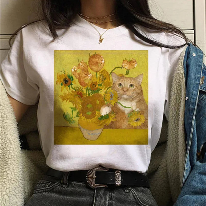 Cat Van Gogh T-Shirt Women'S Art Print Oil Painting Beautiful Cute Funny T-Shirt 90s Cartoon Ulzzang Casual Top T-Shirt Women