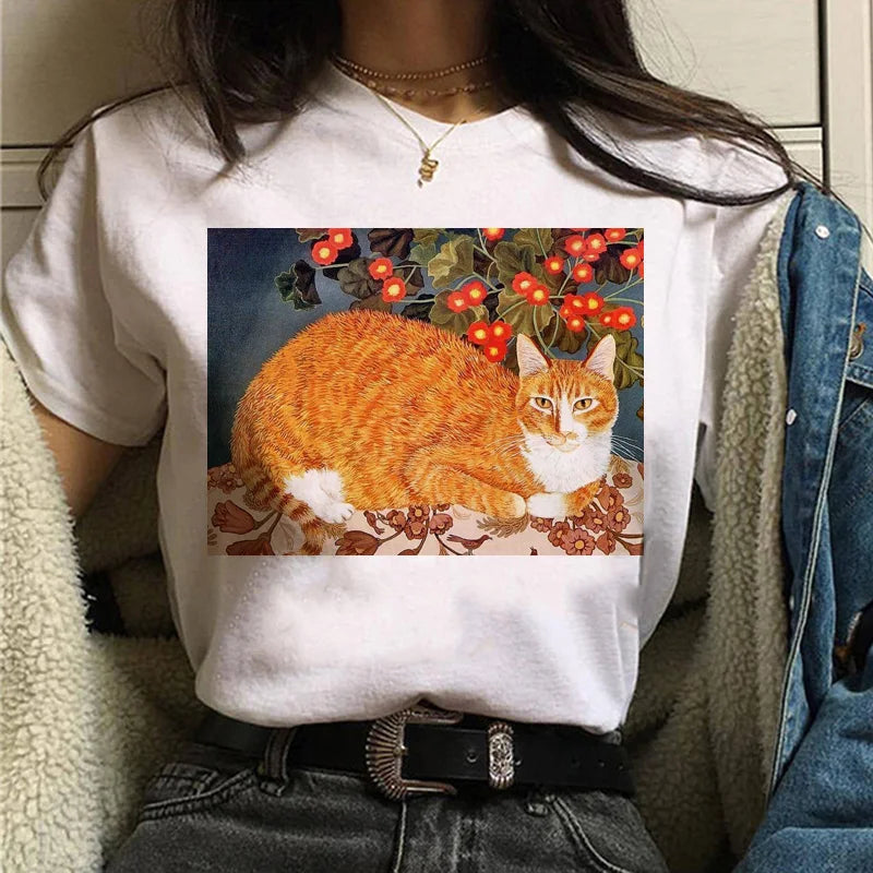 Cat Van Gogh T-Shirt Women'S Art Print Oil Painting Beautiful Cute Funny T-Shirt 90s Cartoon Ulzzang Casual Top T-Shirt Women