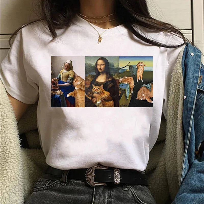 Cat Van Gogh T-Shirt Women'S Art Print Oil Painting Beautiful Cute Funny T-Shirt 90s Cartoon Ulzzang Casual Top T-Shirt Women