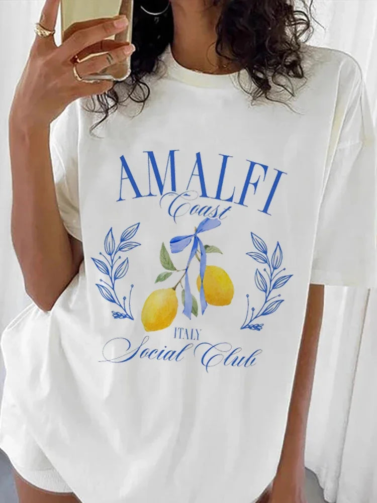 Short Sleeved Trendy and Versatile Cartoon Women's Summer Fashion Social Club Printed O-Neck Basic Printed Cute Clothing Top.