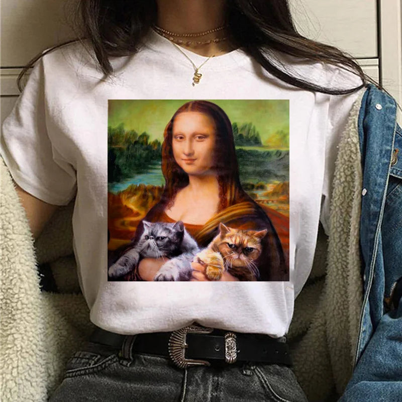 Cat Van Gogh T-Shirt Women'S Art Print Oil Painting Beautiful Cute Funny T-Shirt 90s Cartoon Ulzzang Casual Top T-Shirt Women