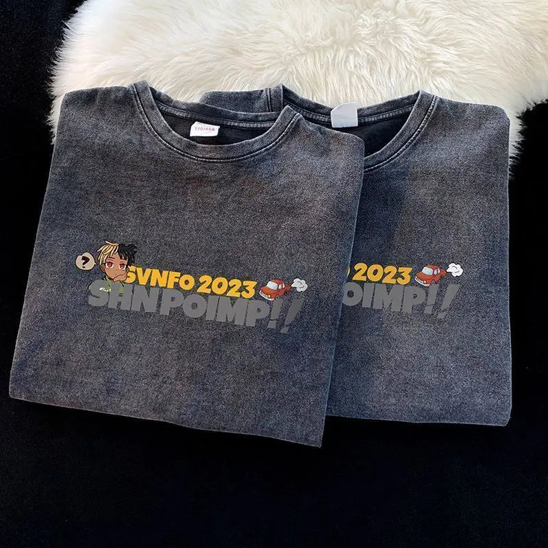 Cartoon printed short sleeve T-shirt men's retro loose couple outfit trendy tops tee