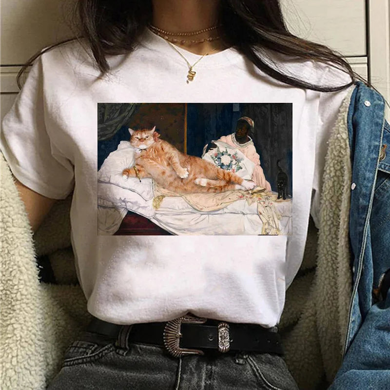 Cat Van Gogh T-Shirt Women'S Art Print Oil Painting Beautiful Cute Funny T-Shirt 90s Cartoon Ulzzang Casual Top T-Shirt Women