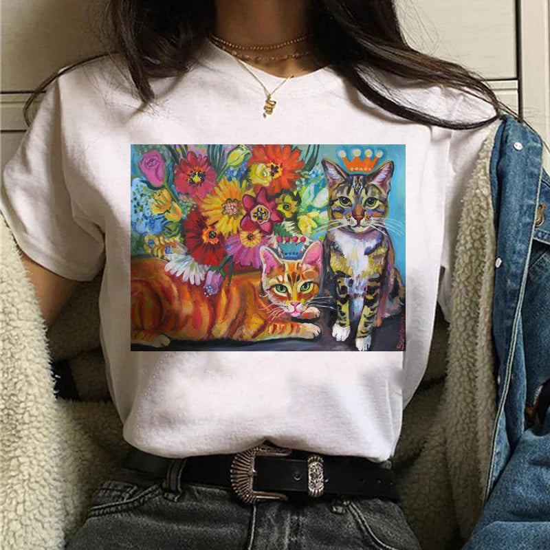 Cat Van Gogh T-Shirt Women'S Art Print Oil Painting Beautiful Cute Funny T-Shirt 90s Cartoon Ulzzang Casual Top T-Shirt Women