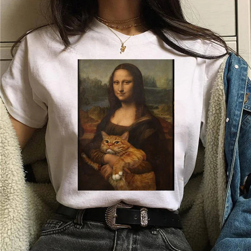 Cat Van Gogh T-Shirt Women'S Art Print Oil Painting Beautiful Cute Funny T-Shirt 90s Cartoon Ulzzang Casual Top T-Shirt Women