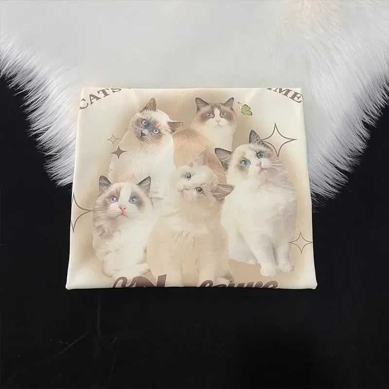 Cotton Cute Cat Graphic T shirt Summer Fashion Loose Women Vintage Personality Fresh art kawaii clothes Short Sleeve Tops