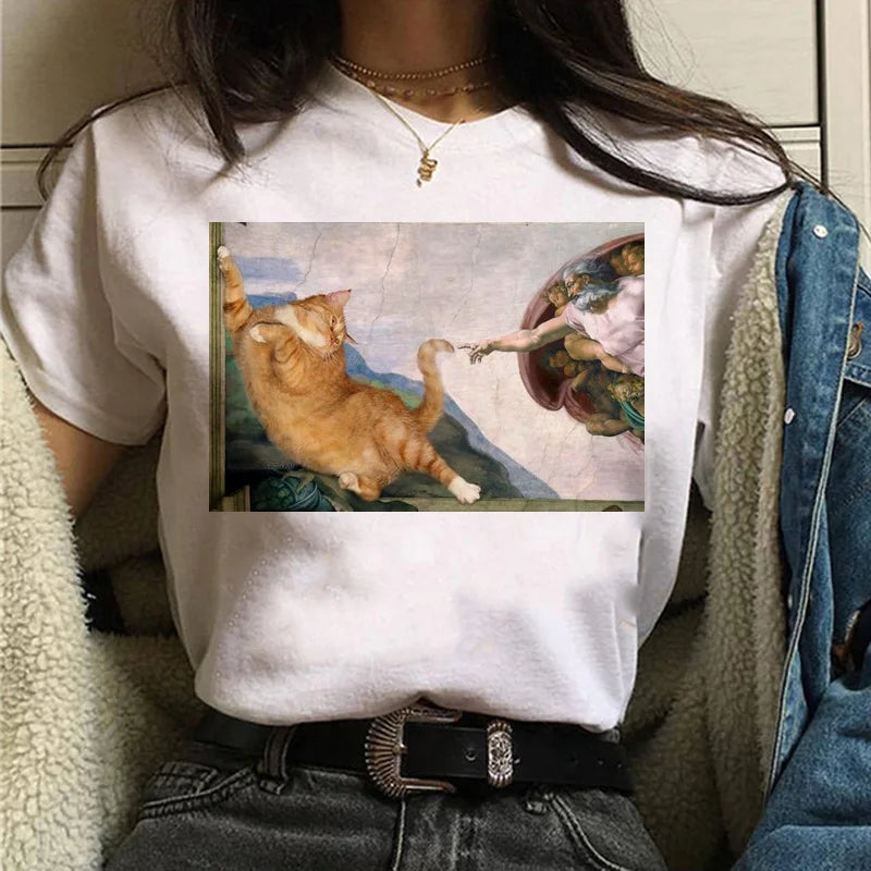 Cat Van Gogh T-Shirt Women'S Art Print Oil Painting Beautiful Cute Funny T-Shirt 90s Cartoon Ulzzang Casual Top T-Shirt Women