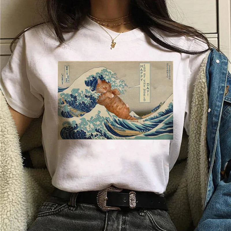 Cat Van Gogh T-Shirt Women'S Art Print Oil Painting Beautiful Cute Funny T-Shirt 90s Cartoon Ulzzang Casual Top T-Shirt Women