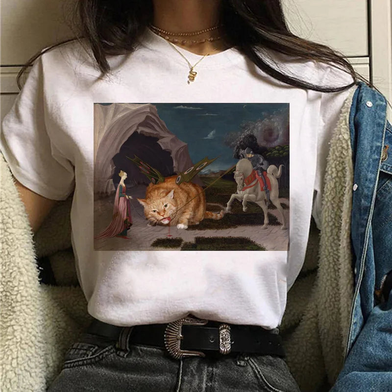 Cat Van Gogh T-Shirt Women'S Art Print Oil Painting Beautiful Cute Funny T-Shirt 90s Cartoon Ulzzang Casual Top T-Shirt Women