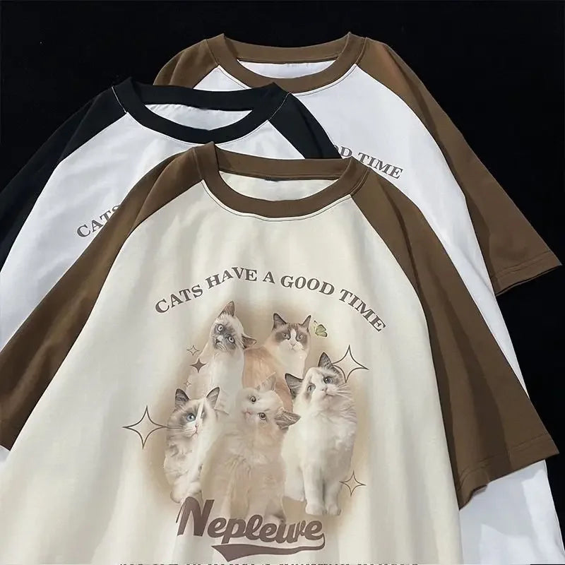 Cotton Cute Cat Graphic T shirt Summer Fashion Loose Women Vintage Personality Fresh art kawaii clothes Short Sleeve Tops