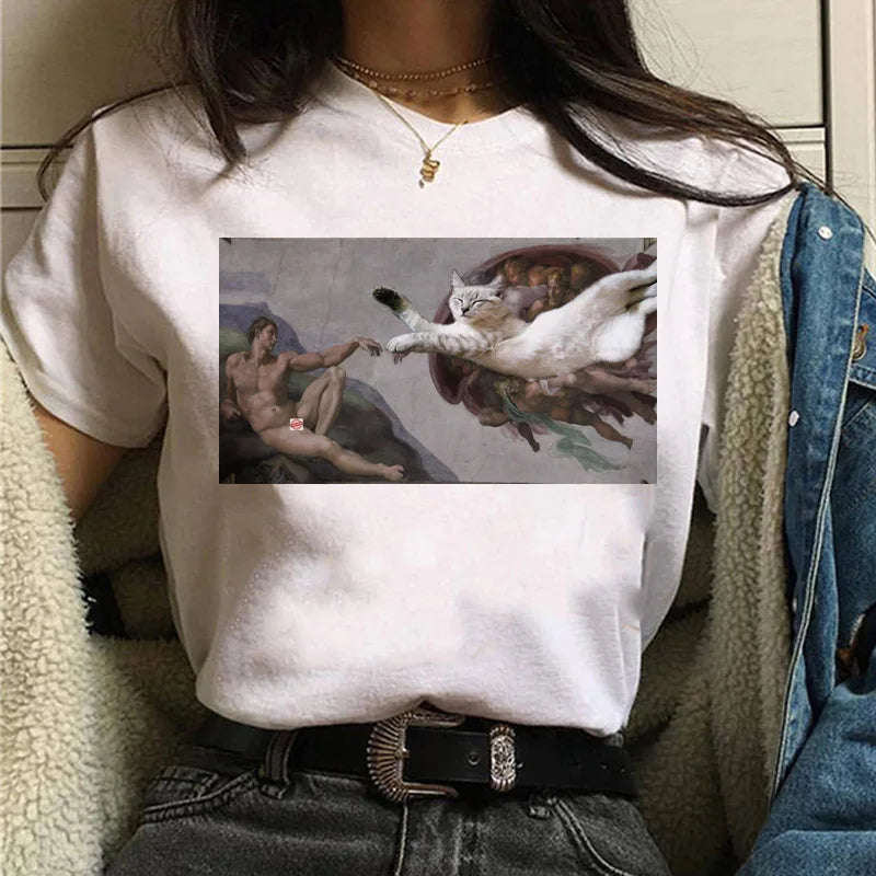Cat Van Gogh T-Shirt Women'S Art Print Oil Painting Beautiful Cute Funny T-Shirt 90s Cartoon Ulzzang Casual Top T-Shirt Women