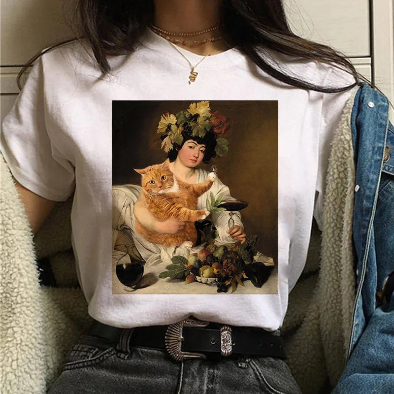Cat Van Gogh T-Shirt Women'S Art Print Oil Painting Beautiful Cute Funny T-Shirt 90s Cartoon Ulzzang Casual Top T-Shirt Women