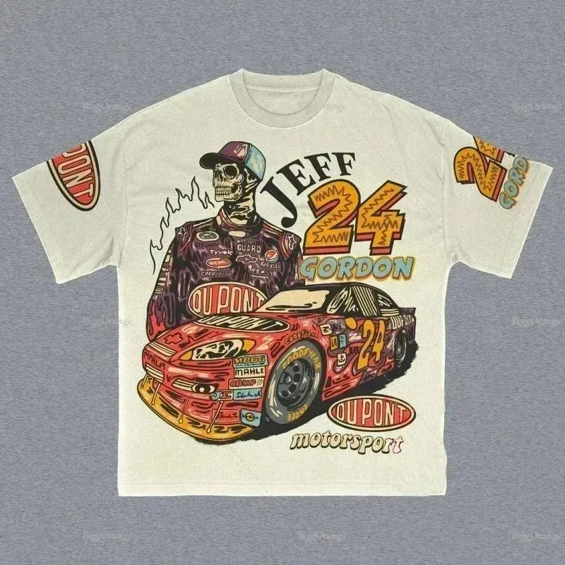 Cotton Car Letter Pattern Print Design O-neck Short-sleeved T-shirts for Man Women Summer New Fashion Aesthetic Popular Y2k Top