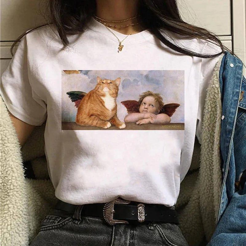 Cat Van Gogh T-Shirt Women'S Art Print Oil Painting Beautiful Cute Funny T-Shirt 90s Cartoon Ulzzang Casual Top T-Shirt Women