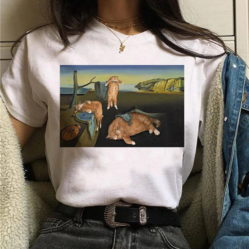 Cat Van Gogh T-Shirt Women'S Art Print Oil Painting Beautiful Cute Funny T-Shirt 90s Cartoon Ulzzang Casual Top T-Shirt Women