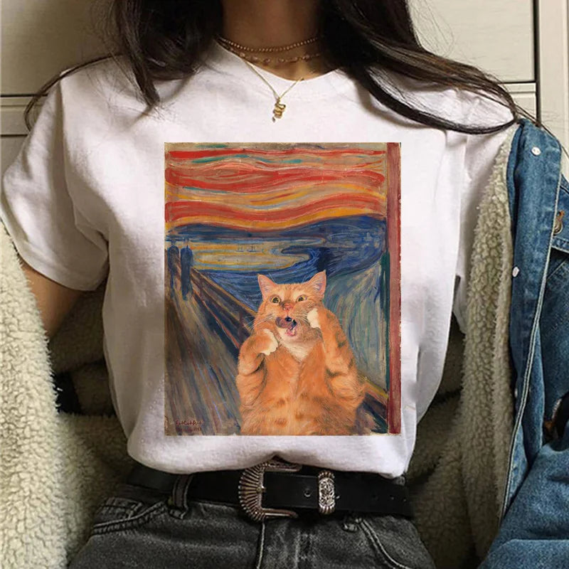 Cat Van Gogh T-Shirt Women'S Art Print Oil Painting Beautiful Cute Funny T-Shirt 90s Cartoon Ulzzang Casual Top T-Shirt Women