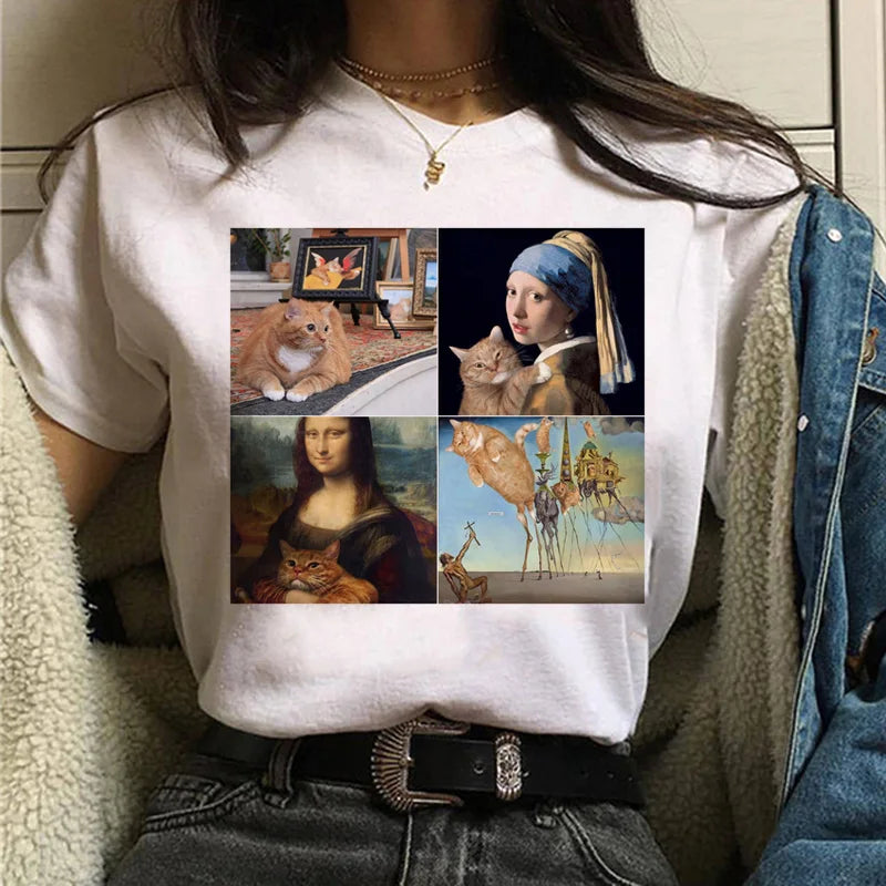 Cat Van Gogh T-Shirt Women'S Art Print Oil Painting Beautiful Cute Funny T-Shirt 90s Cartoon Ulzzang Casual Top T-Shirt Women