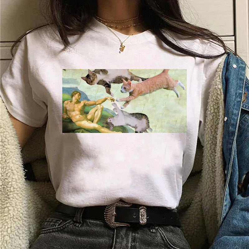 Cat Van Gogh T-Shirt Women'S Art Print Oil Painting Beautiful Cute Funny T-Shirt 90s Cartoon Ulzzang Casual Top T-Shirt Women