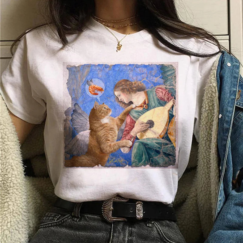Cat Van Gogh T-Shirt Women'S Art Print Oil Painting Beautiful Cute Funny T-Shirt 90s Cartoon Ulzzang Casual Top T-Shirt Women