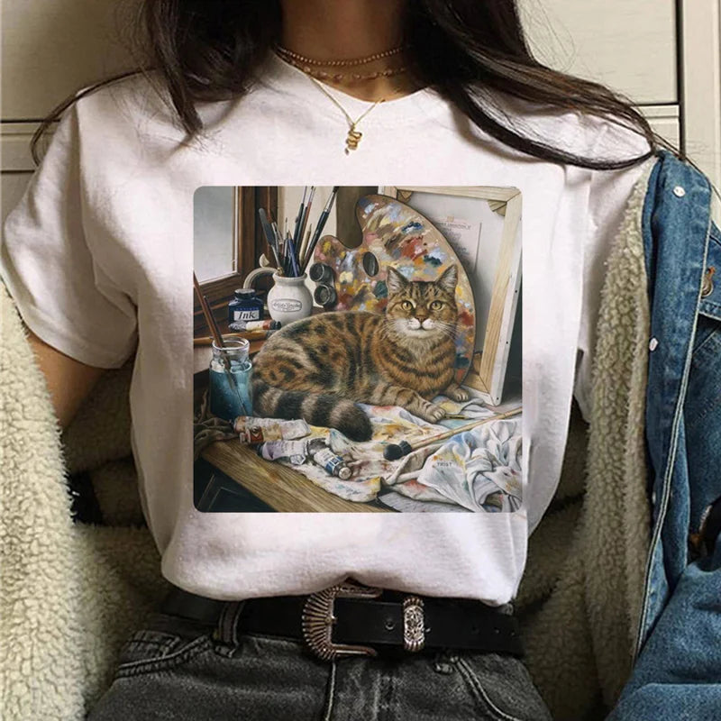 Cat Van Gogh T-Shirt Women'S Art Print Oil Painting Beautiful Cute Funny T-Shirt 90s Cartoon Ulzzang Casual Top T-Shirt Women