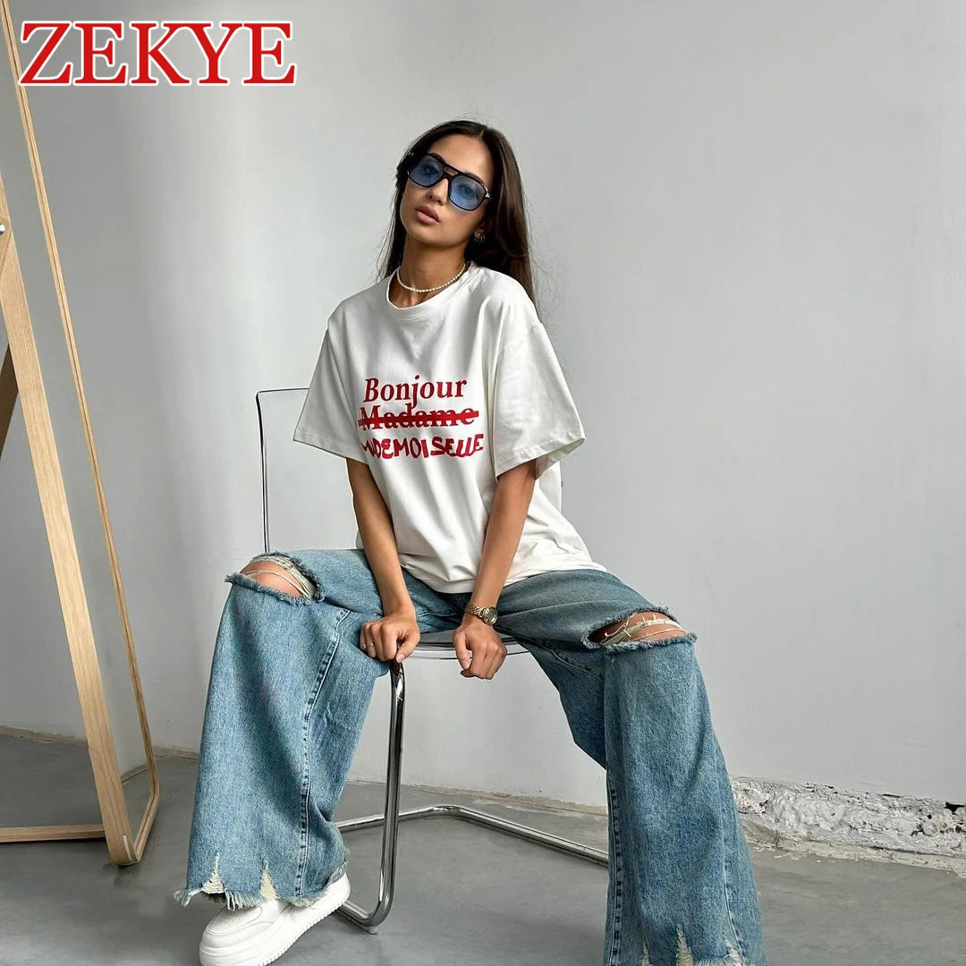 Zekye Simplicity Loose Summer White T Shirt Women Top Korean Style Basic Short Sleeve Round Neck T-shirt Casual Letter Printed