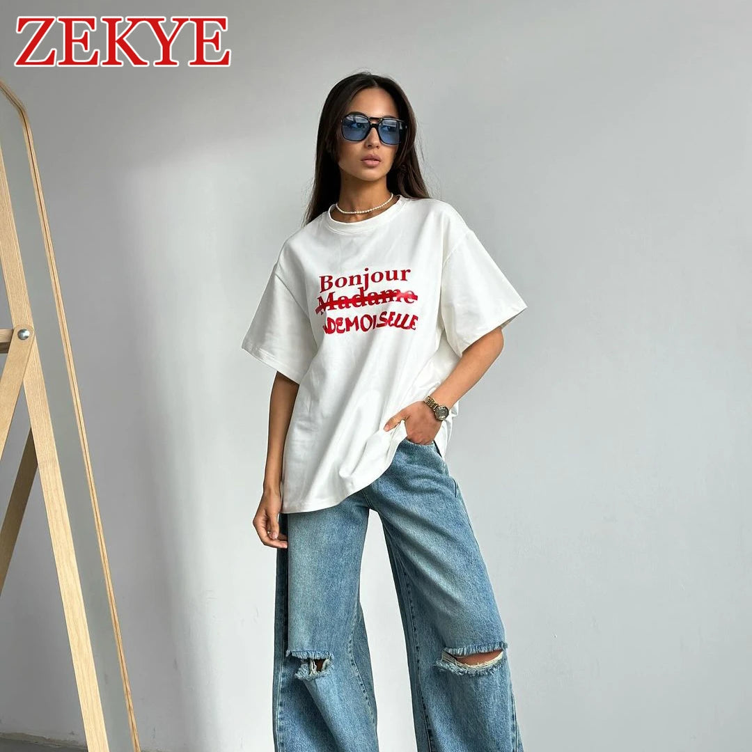 Zekye Simplicity Loose Summer White T Shirt Women Top Korean Style Basic Short Sleeve Round Neck T-shirt Casual Letter Printed