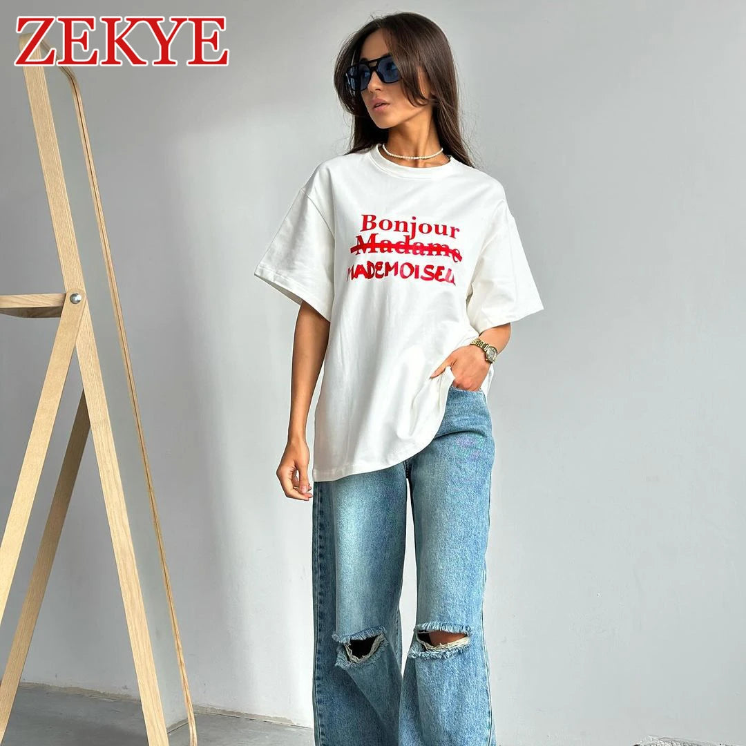 Zekye Simplicity Loose Summer White T Shirt Women Top Korean Style Basic Short Sleeve Round Neck T-shirt Casual Letter Printed