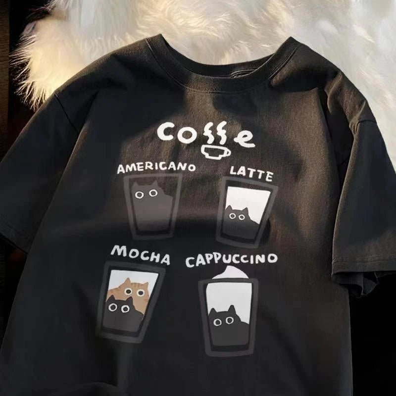 American Retro Trendy Cat Cotton T - shirt Casual Round Neck Men Women Summer Loose Couple Short Sleeved Tops Tee Harajuku Y2k - Lucien Store