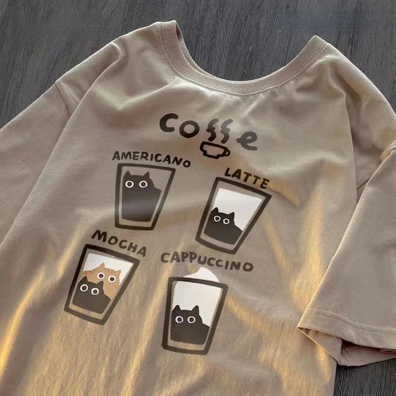 American Retro Trendy Cat Cotton T - shirt Casual Round Neck Men Women Summer Loose Couple Short Sleeved Tops Tee Harajuku Y2k - Lucien Store