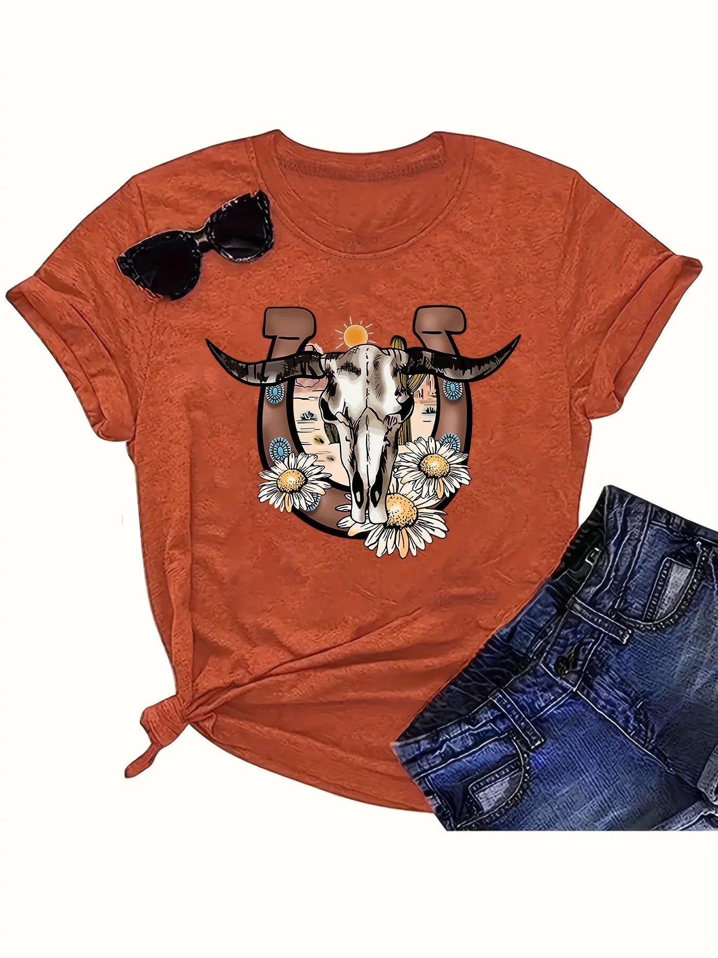Bull Head print t - shirt, short sleeve crew neck casual top for summer & spring, women's clothing - Lucien Store