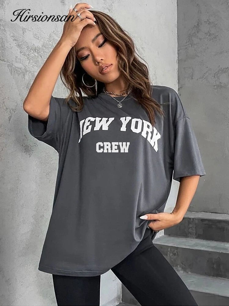 Hirsionsan Oversized Letter Graphic T - shirt Women 2023 Summer Soft O - neck Short Sleeve Tees Female Casual Loose Higt Street Top - Lucien Store