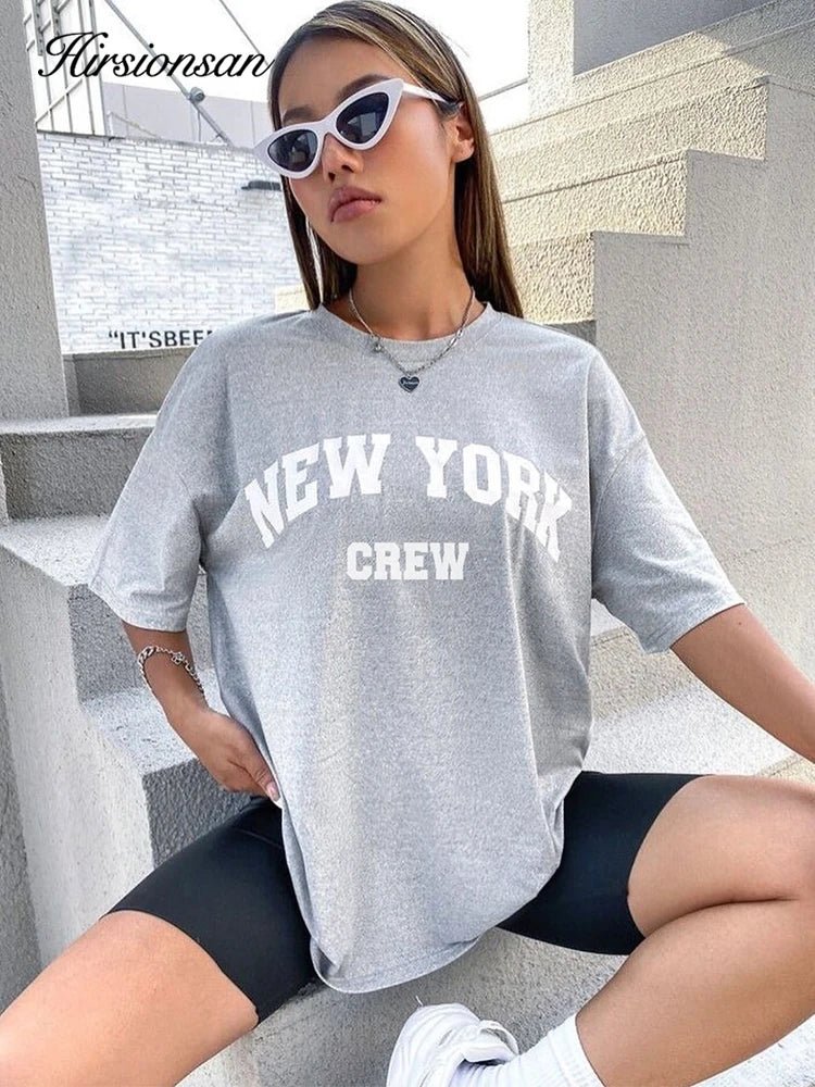 Hirsionsan Oversized Letter Graphic T - shirt Women 2023 Summer Soft O - neck Short Sleeve Tees Female Casual Loose Higt Street Top - Lucien Store