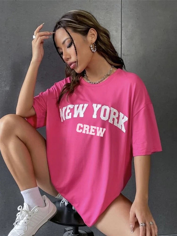 Hirsionsan Oversized Letter Graphic T - shirt Women 2023 Summer Soft O - neck Short Sleeve Tees Female Casual Loose Higt Street Top - Lucien Store