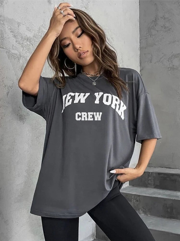 Hirsionsan Oversized Letter Graphic T - shirt Women 2023 Summer Soft O - neck Short Sleeve Tees Female Casual Loose Higt Street Top - Lucien Store