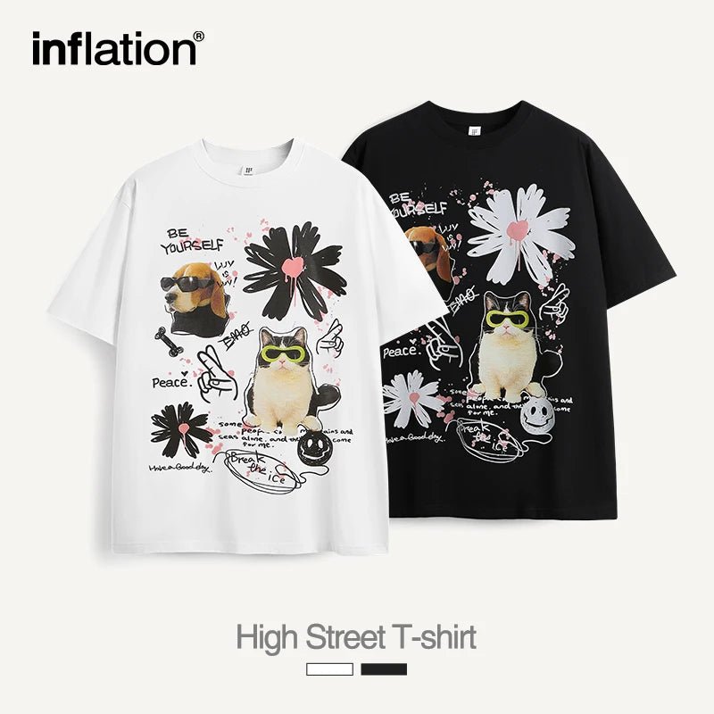 INFLATION Graffiti Cat Pet Printed Tshirts Mens Trendy Oversized Cotton Tees - Lucien Store