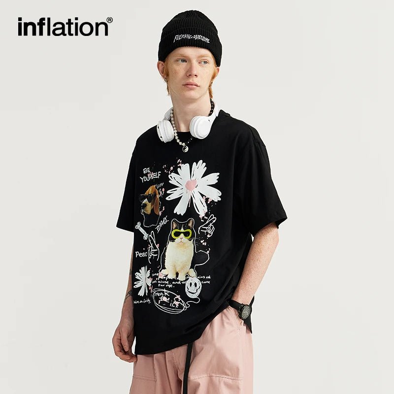 INFLATION Graffiti Cat Pet Printed Tshirts Mens Trendy Oversized Cotton Tees - Lucien Store