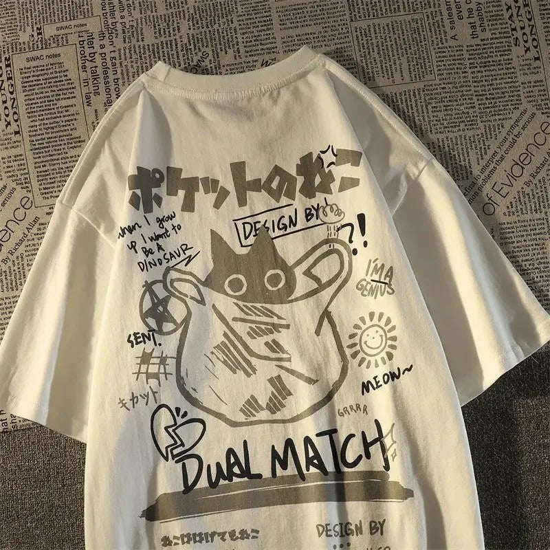 Japanese creative kitten printed short sleeved t - shirt men and women same ins summer loose casual short sleeved lovers outfit - Lucien Store