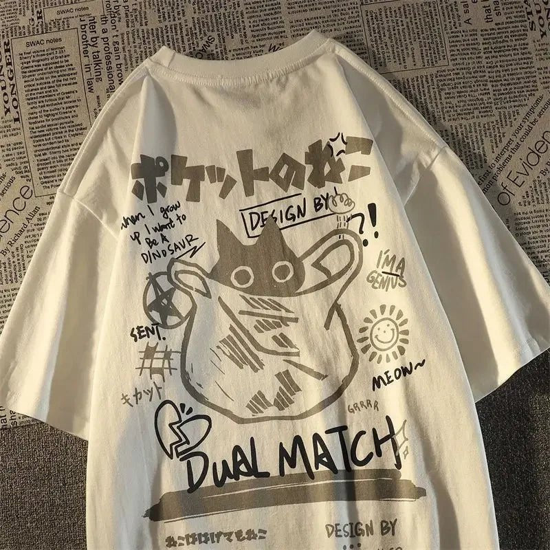 Japanese creative kitten printed short sleeved t - shirt men and women same ins summer loose casual short sleeved lovers outfit - Lucien Store