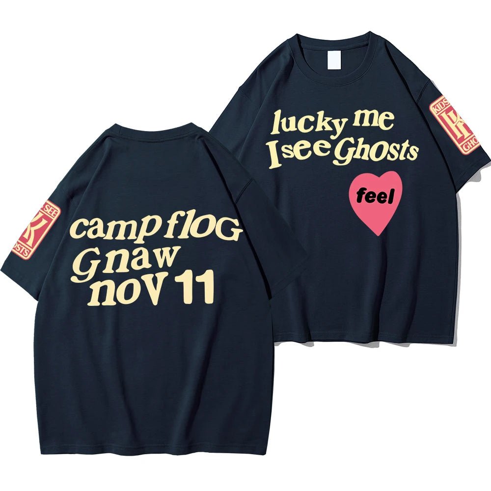 Kanye West Style Street T - Shirts For Men Loose Oversized Short Sleeves Lucky Me I See Ghosts Print Tshirt Hip Hop Clothing Women - Lucien Store