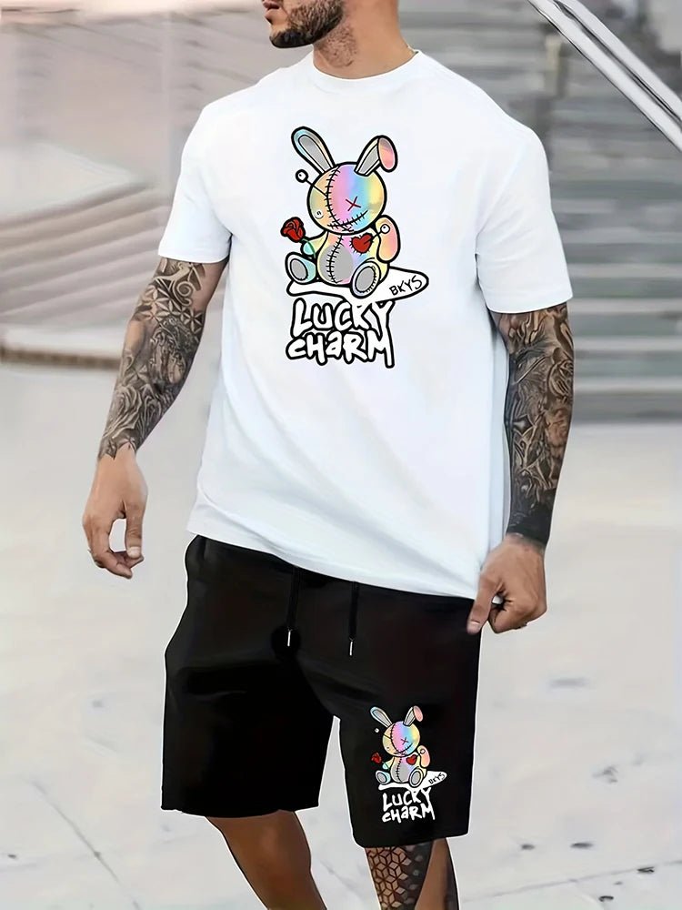Men's Summer Daily Casual Short Sleeve Shorts Set Cartoon Bunny Doll and Lucky Charm Printed T - Shirt Shorts Set Home Pajamas Set - Lucien Store