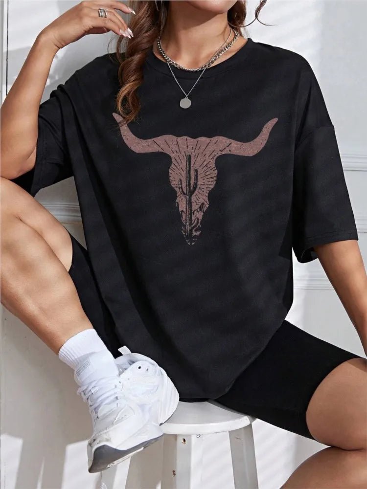 NEW Spring Cotton Womans T - Shirts Simple Cattle Printing Short Sleeve Tees Fashion Casual Female Clothes Comfortable Street Tops - Lucien Store