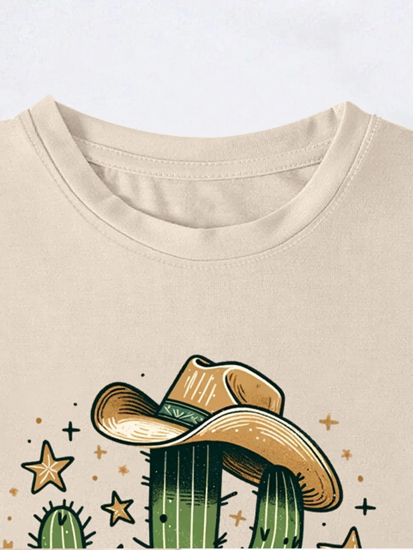 Retro Cute Western Cowboy With Hat Cactus And Stars Print T - shirt, Short Sleeve Crew Neck Casual Top For Summer & Spring - Lucien Store