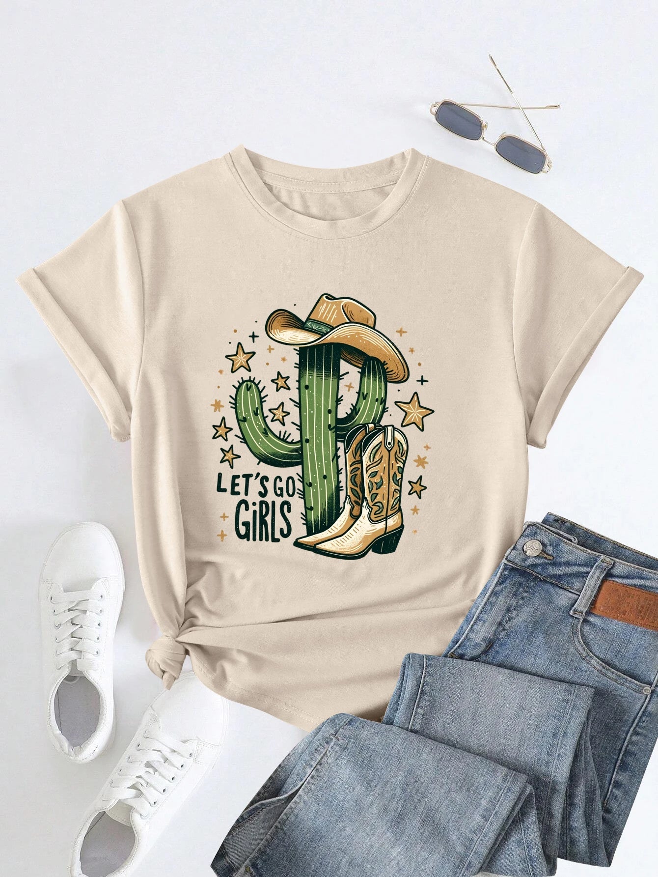 Retro Cute Western Cowboy With Hat Cactus And Stars Print T - shirt, Short Sleeve Crew Neck Casual Top For Summer & Spring - Lucien Store