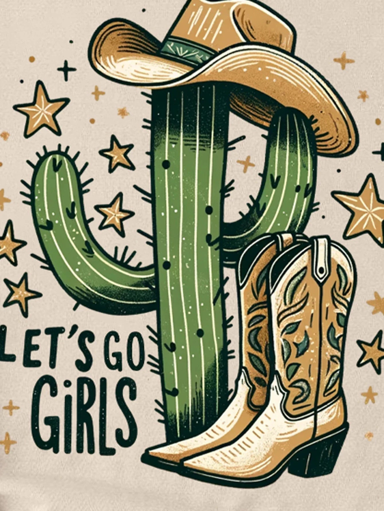Retro Cute Western Cowboy With Hat Cactus And Stars Print T - shirt, Short Sleeve Crew Neck Casual Top For Summer & Spring - Lucien Store